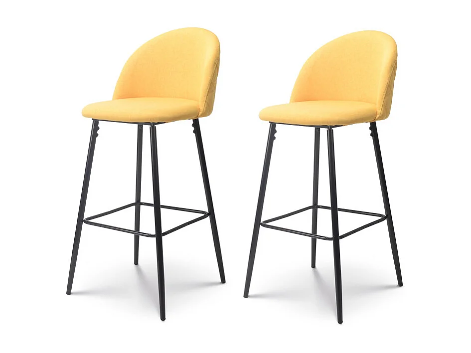 Lot de 2 Chaises de Bar Design Moderne avec Dossier – Tabouret Haut en Tissu Jaune et Pieds Métal Noir – Hauteur 76 cm