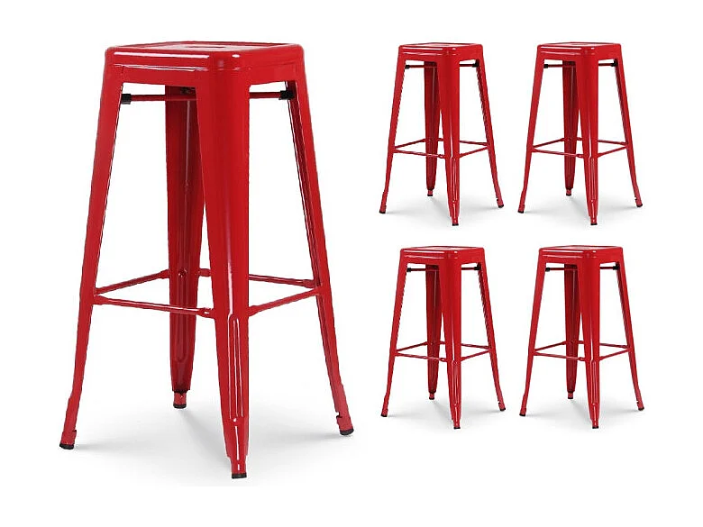 Lot de 4 tabourets de bar en métal rouge brillant style industriel - Sans dossier - Hauteur 76 cm