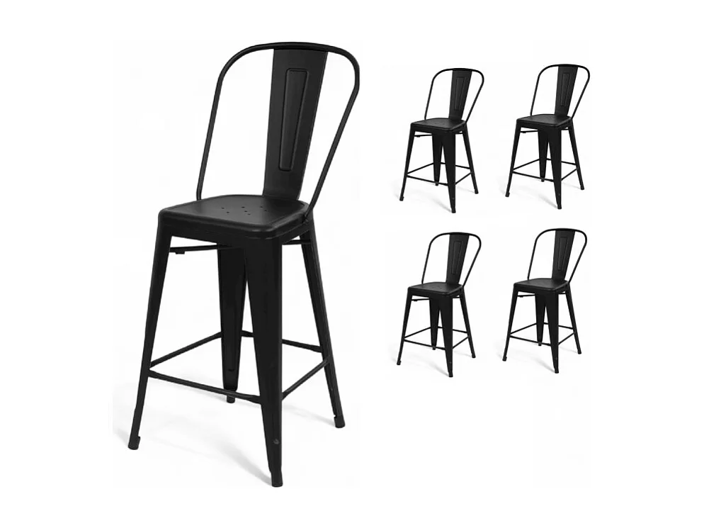 Lot de 4 chaises de bar KOSMI en métal noir mat avec dossier – hauteur 66 cm – design industriel et confort moderne