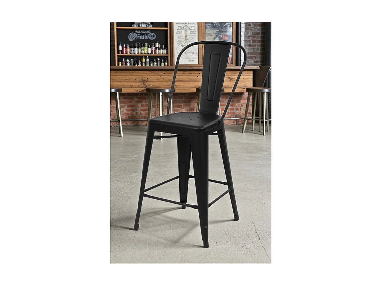 Lot de 4 chaises de bar KOSMI en métal noir mat avec dossier – hauteur 66 cm – design industriel et confort moderne