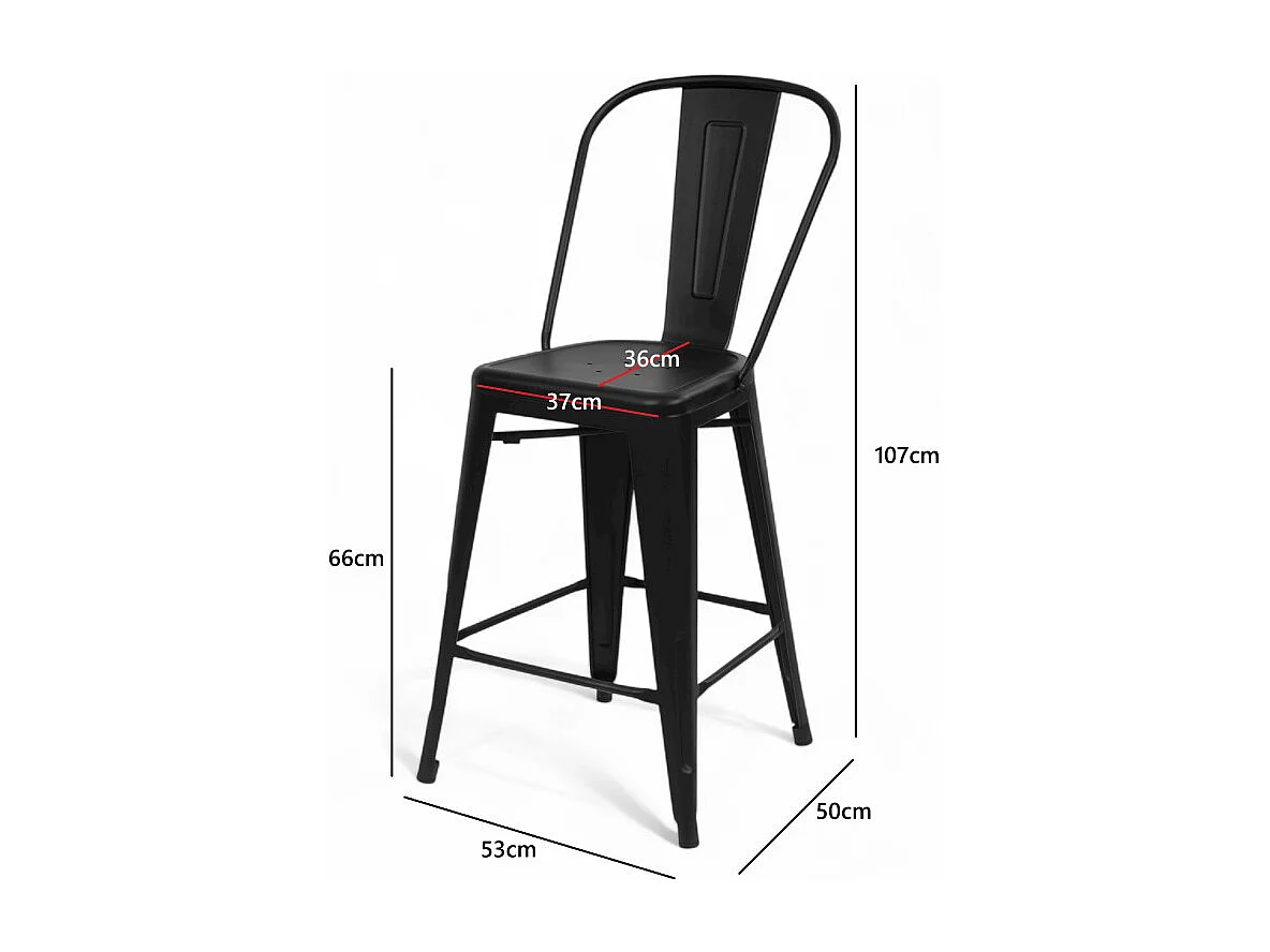 Lot de 4 chaises de bar KOSMI en métal noir mat avec dossier – hauteur 66 cm – design industriel et confort moderne