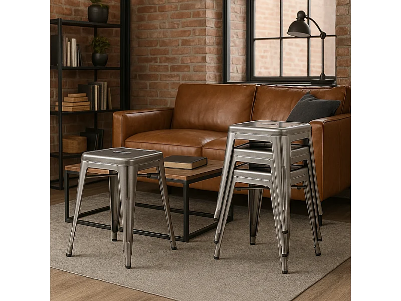 Tabouret bas métal brut style galvanisé – Design industriel - Hauteur 46 cm