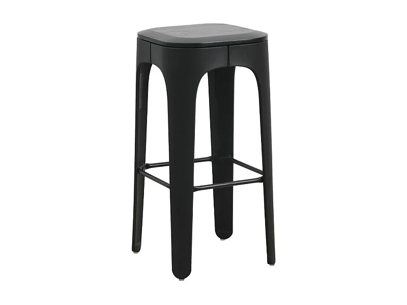 Tabouret structure noire en résine, assise en bois foncé - Hauteur 72,5 cm