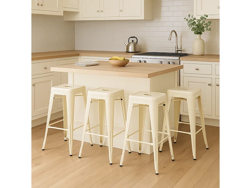 Lot de 4 tabourets design industriels – Métal beige brillant – Cuisine, bar, ilot central