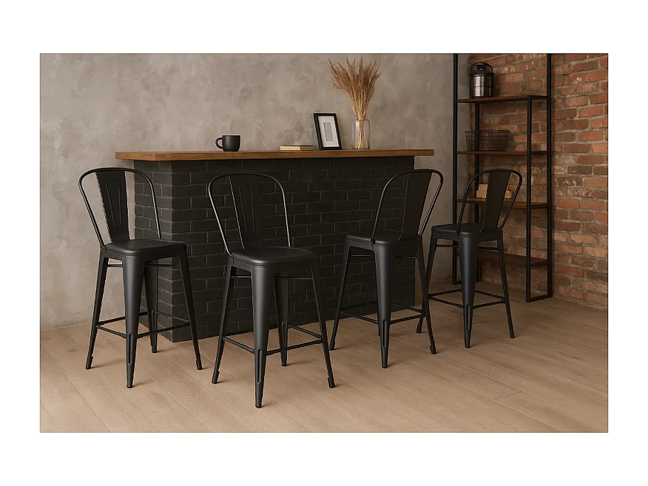 Chaise de bar industrielle en métal noir mat avec dossier – hauteur assise 66 cm – style vintage et robuste