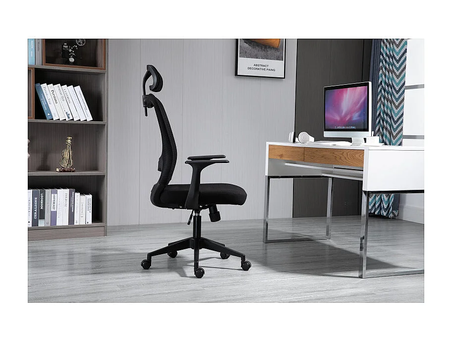 Chaise de bureau ergonomique noire et blanche avec appuie-tête, dossier respirant et hauteur réglable