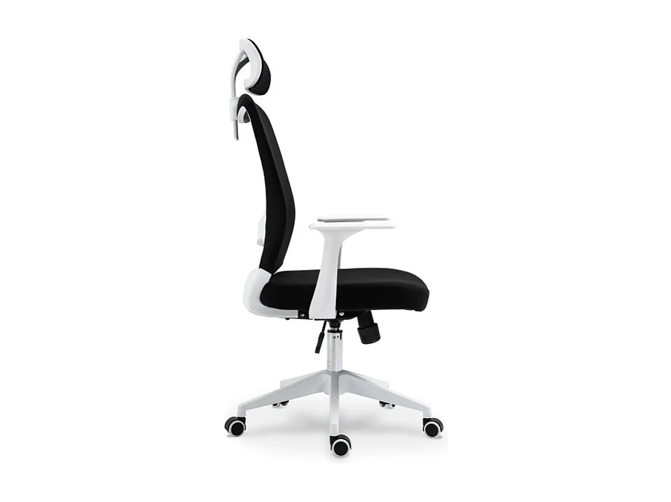 Chaise de bureau ergonomique noire et blanche avec appuie-tête, dossier respirant et hauteur réglable