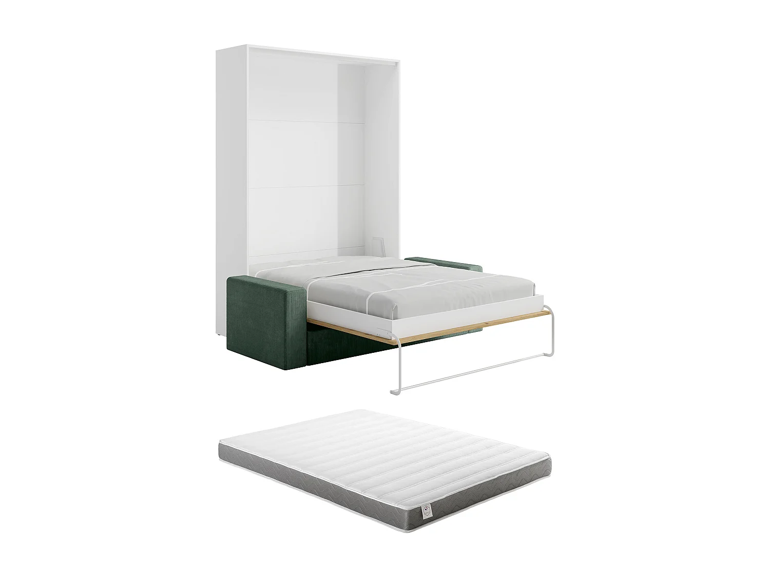 Lit escamotable 160 x 200 cm - Ouverture verticale manuelle - Coloris : Naturel et blanc + Matelas + Canapé vert- BEGANIO