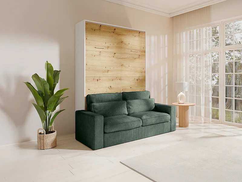 Lit escamotable 160 x 200 cm - Ouverture verticale manuelle - Coloris : Naturel et blanc + Matelas + Canapé vert- BEGANIO