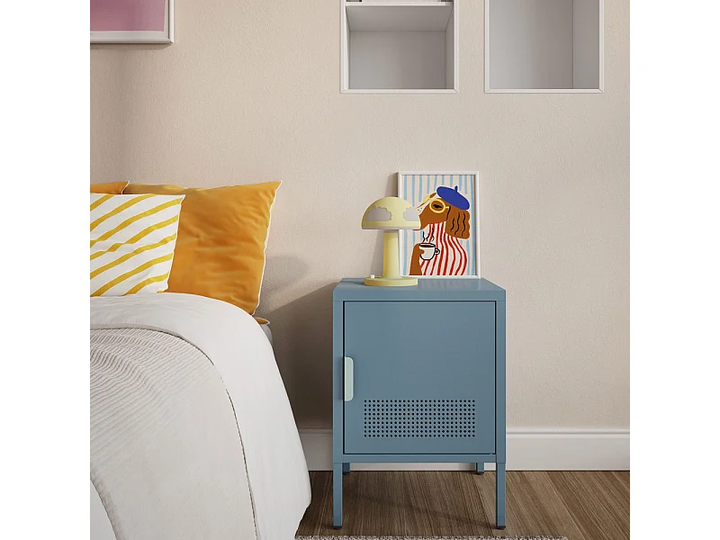 Adel - Table de chevet 1 porte en métal L40cm - Bleu glacier