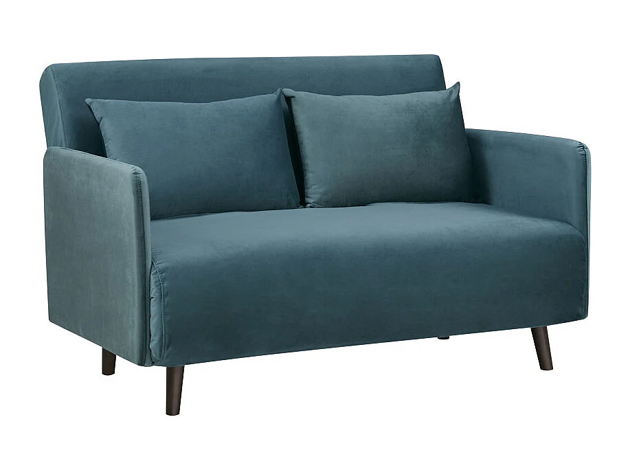 Belushi - Canapé convertible 2 places en velours pieds bois foncé - Bleu canard