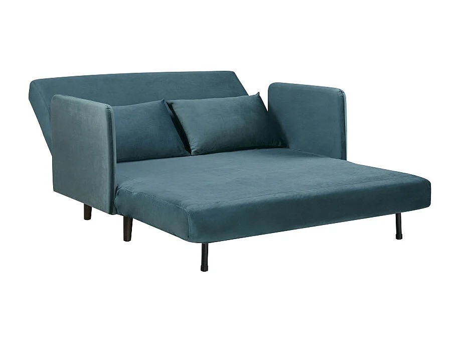 Belushi - Canapé convertible 2 places en velours pieds bois foncé - Bleu canard