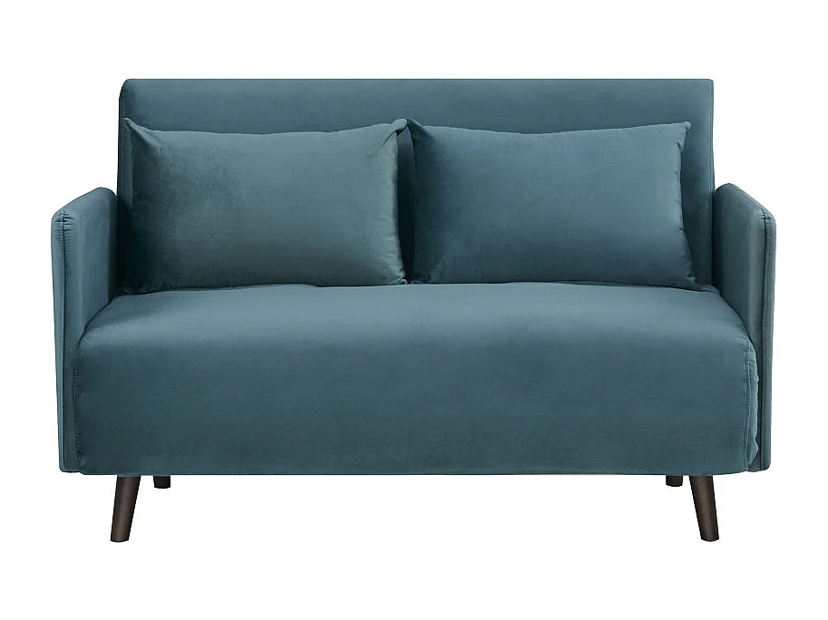 Belushi - Canapé convertible 2 places en velours pieds bois foncé - Bleu canard