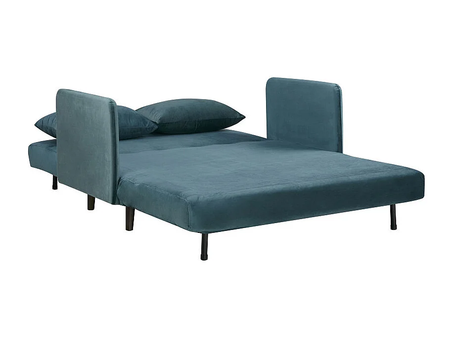 Belushi - Canapé convertible 2 places en velours pieds bois foncé - Bleu canard