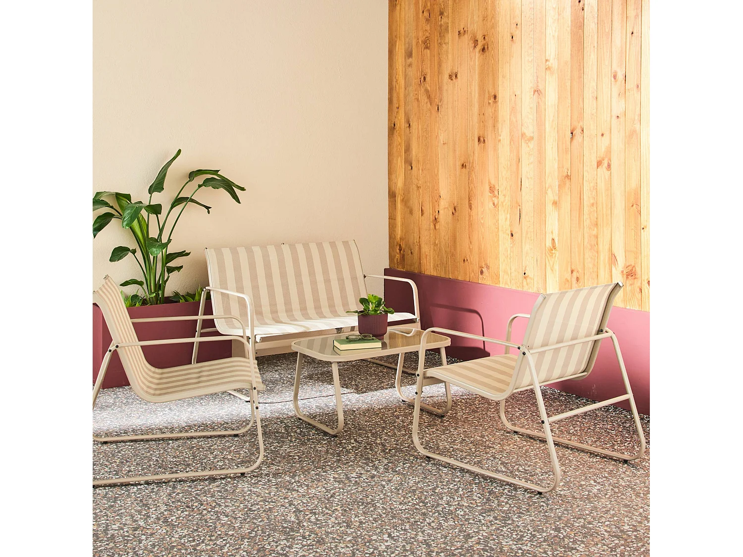 Salon de jardin en métal et textilène 4 places beige - Silvi