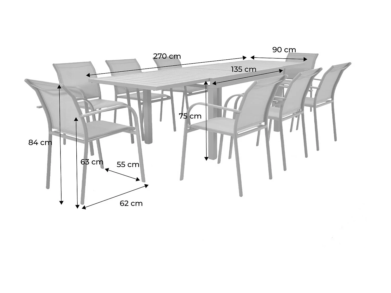 Conjunto mesa de jardín extensible de aluminio con 8 sillas verde kaki