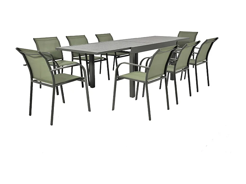 Conjunto mesa de jardín extensible de aluminio con 8 sillas verde kaki