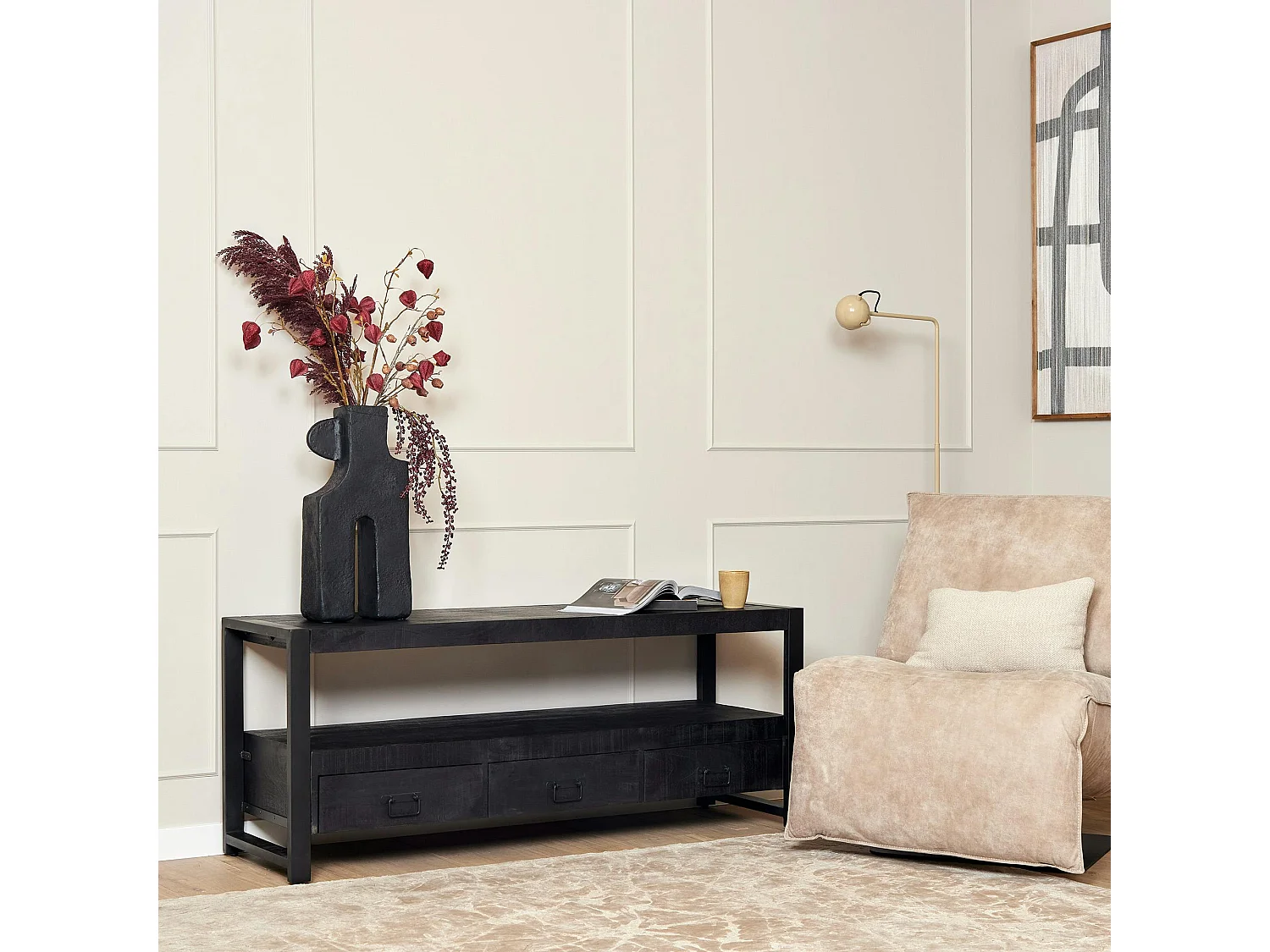 Meuble TV bois noir 3 tiroirs MILORA