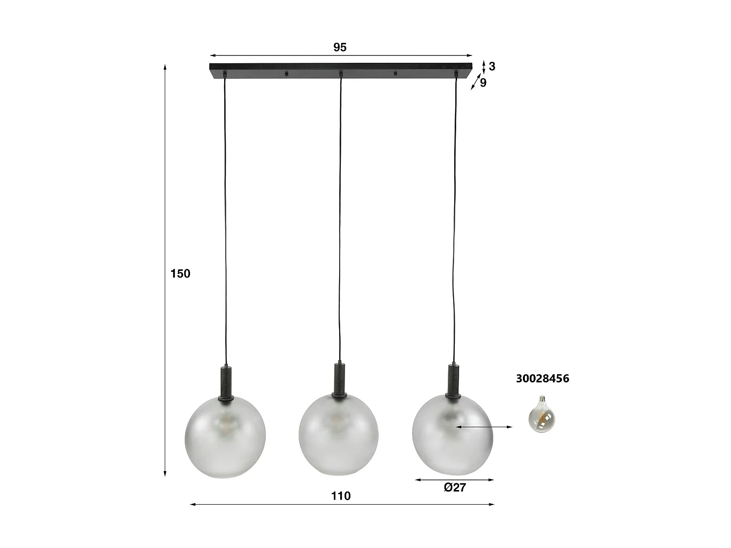 Suspension de table en verre sablé gris, 3 abat-jour RALF