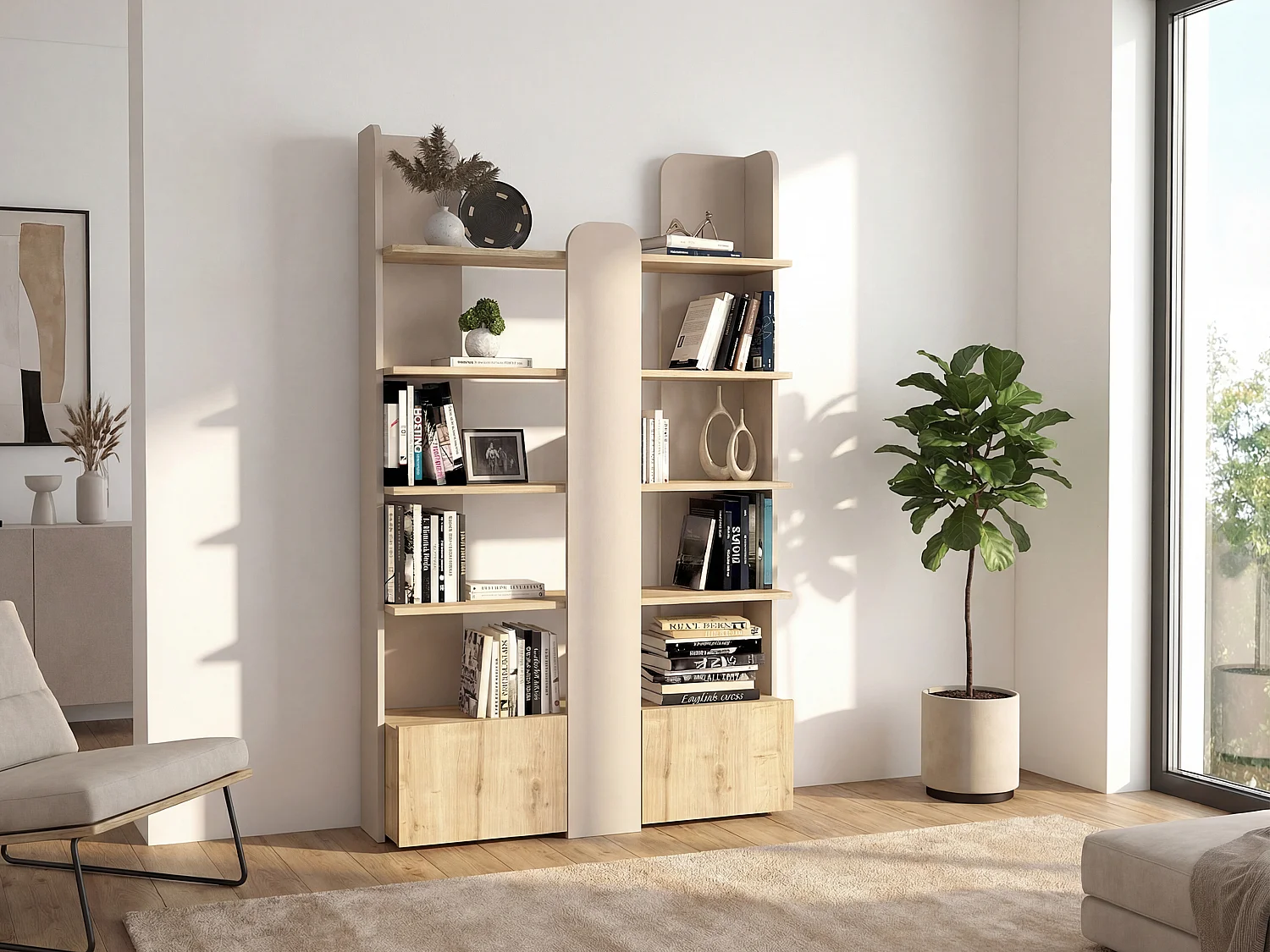 Bibliothèque avec 2 portes et 4 étagères - Beige et naturel - SARIOBA