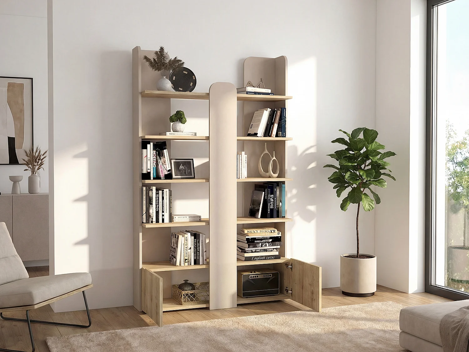 Bibliothèque avec 2 portes et 4 étagères - Beige et naturel - SARIOBA