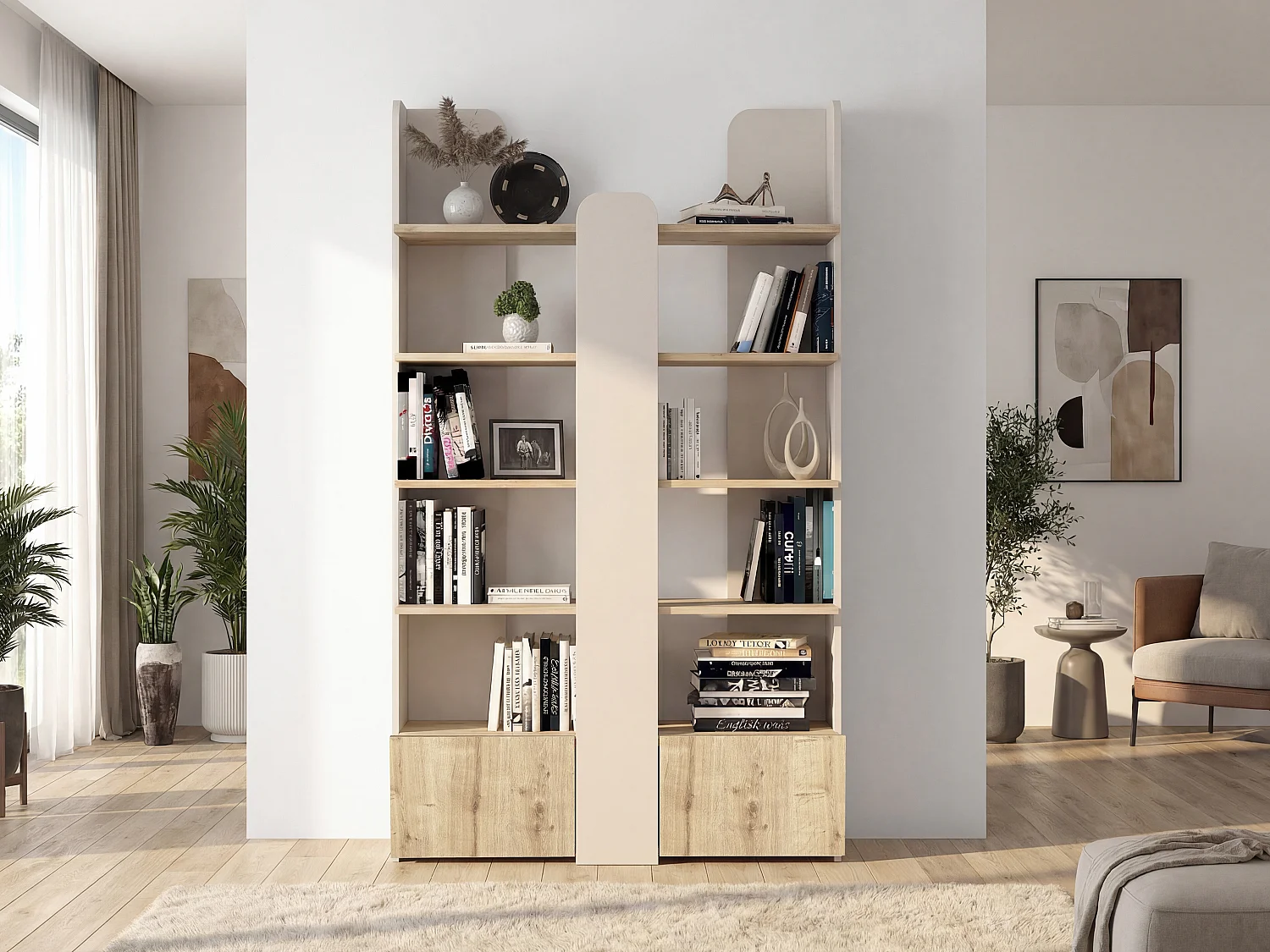 Bibliothèque avec 2 portes et 4 étagères - Beige et naturel - SARIOBA