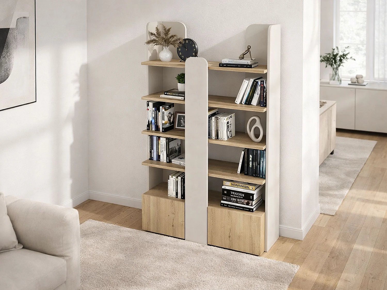 Bibliothèque avec 2 portes et 4 étagères - Beige et naturel - SARIOBA