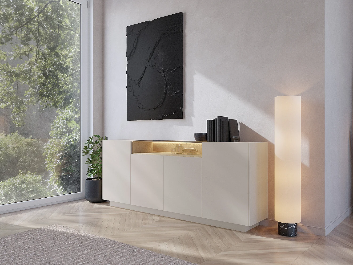 Buffet 4 portes et 1 niche avec LEDs - Beige et naturel clair - ALIVENTO