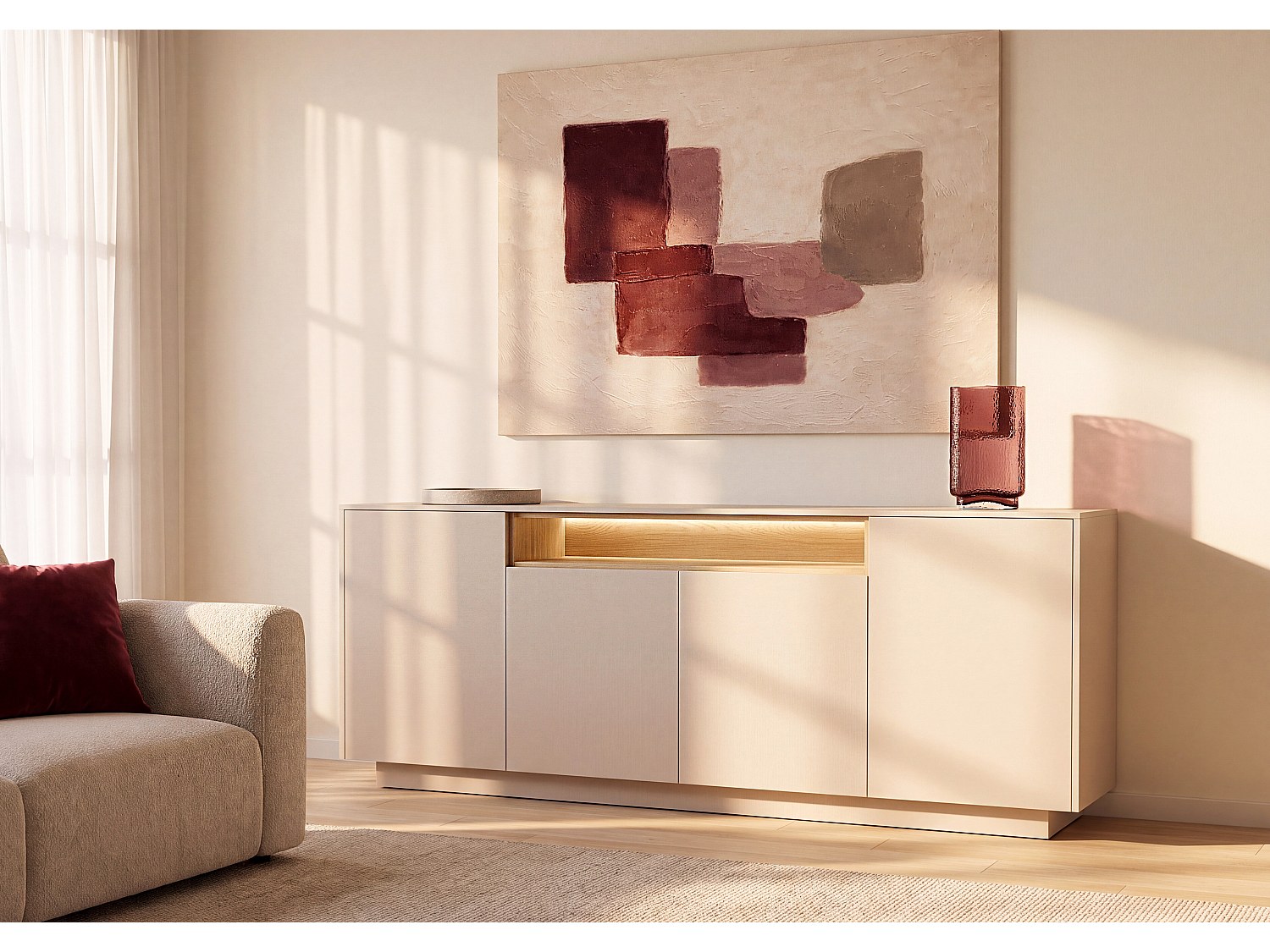 Sideboard 4 Türen und 1 Nische mit LEDs – Beige und helles Natur – ALIVENTO