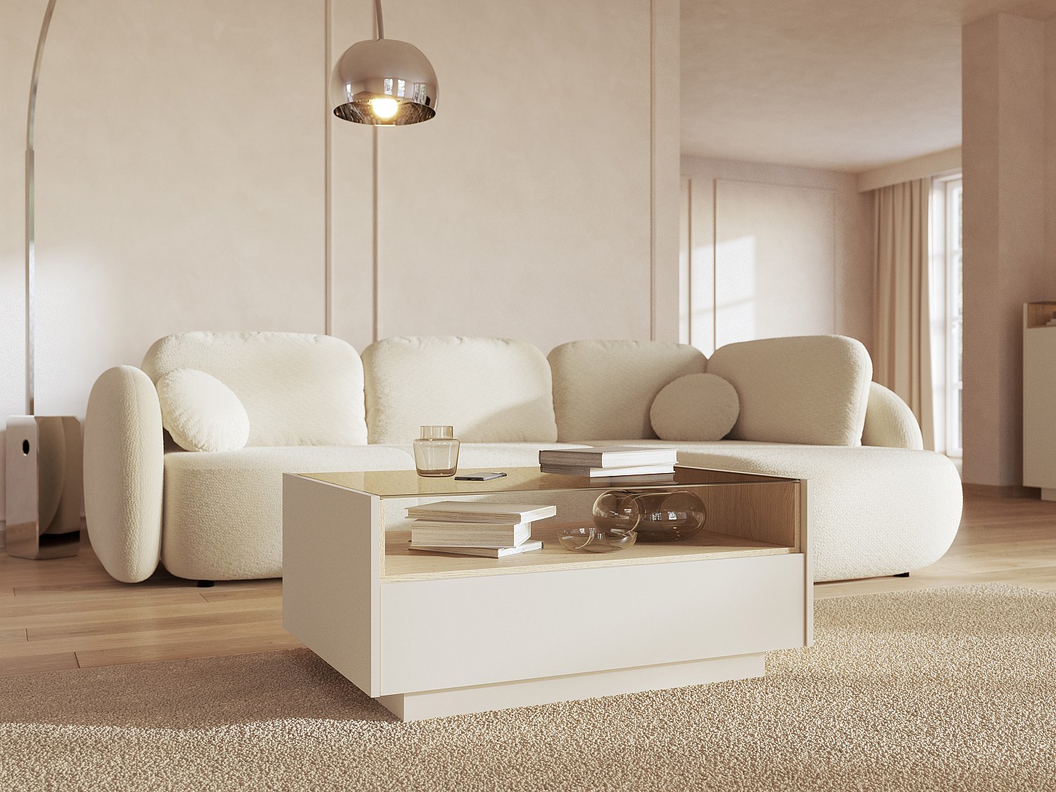 Couchtisch mit 2 Schubladen und 1 Fach - Beige und helles Naturholz - ALIVENTO
