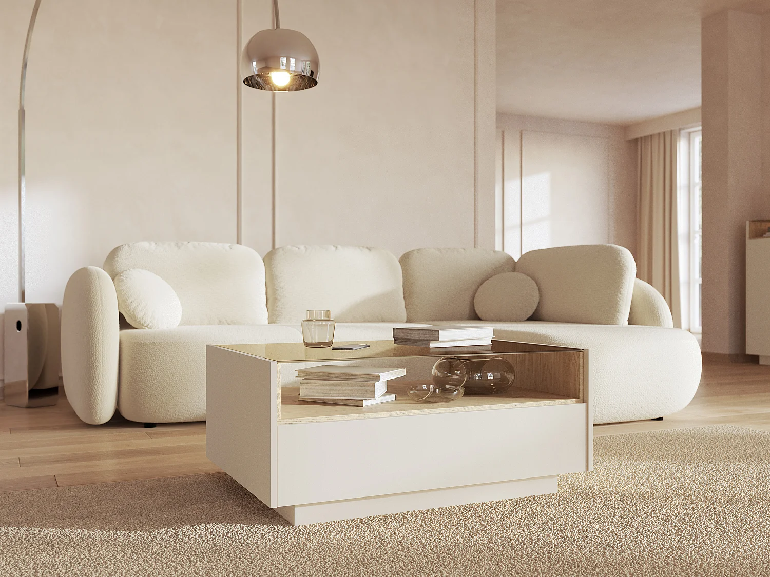 Table basse avec 2 tiroirs et 1 niche - Beige et naturel clair - ALIVENTO