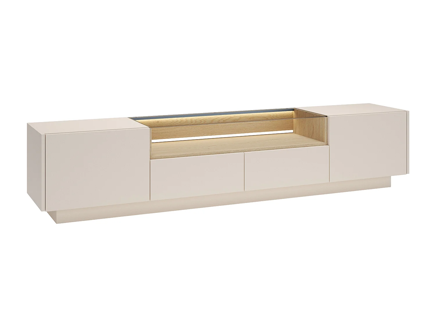 Meuble TV 2 portes, 2 tiroirs et 1 niche avec LEDs - Beige et naturel clair - ALIVENTO