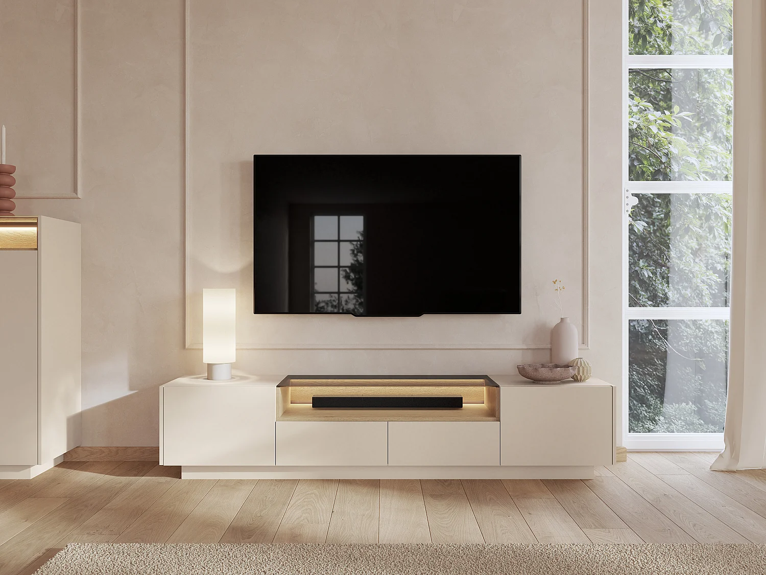 Meuble TV 2 portes, 2 tiroirs et 1 niche avec LEDs - Beige et naturel clair - ALIVENTO