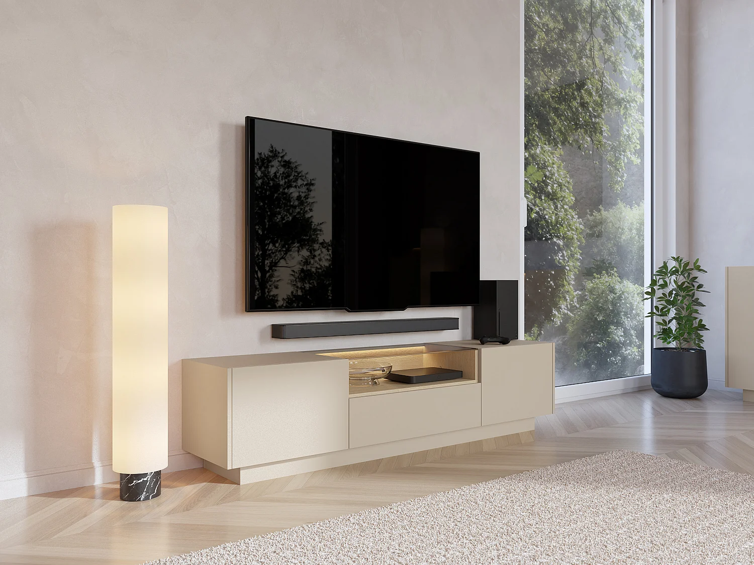 Meuble TV 2 portes, 2 tiroirs et 1 niche avec LEDs - Beige et naturel clair - ALIVENTO
