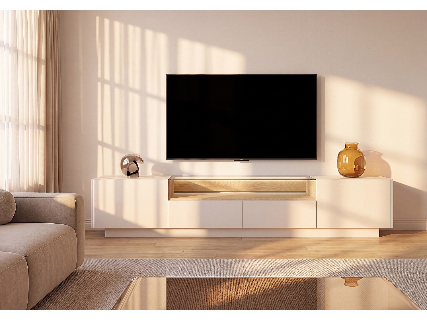 TV-Möbel mit 2 Türen, 2 Schubladen und 1 Nische mit LEDs – Beige und helles Naturholz – ALIVENTO