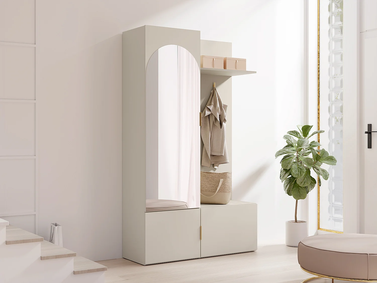 Vestiaire avec miroir et rangements - Beige et doré - JAVERIA