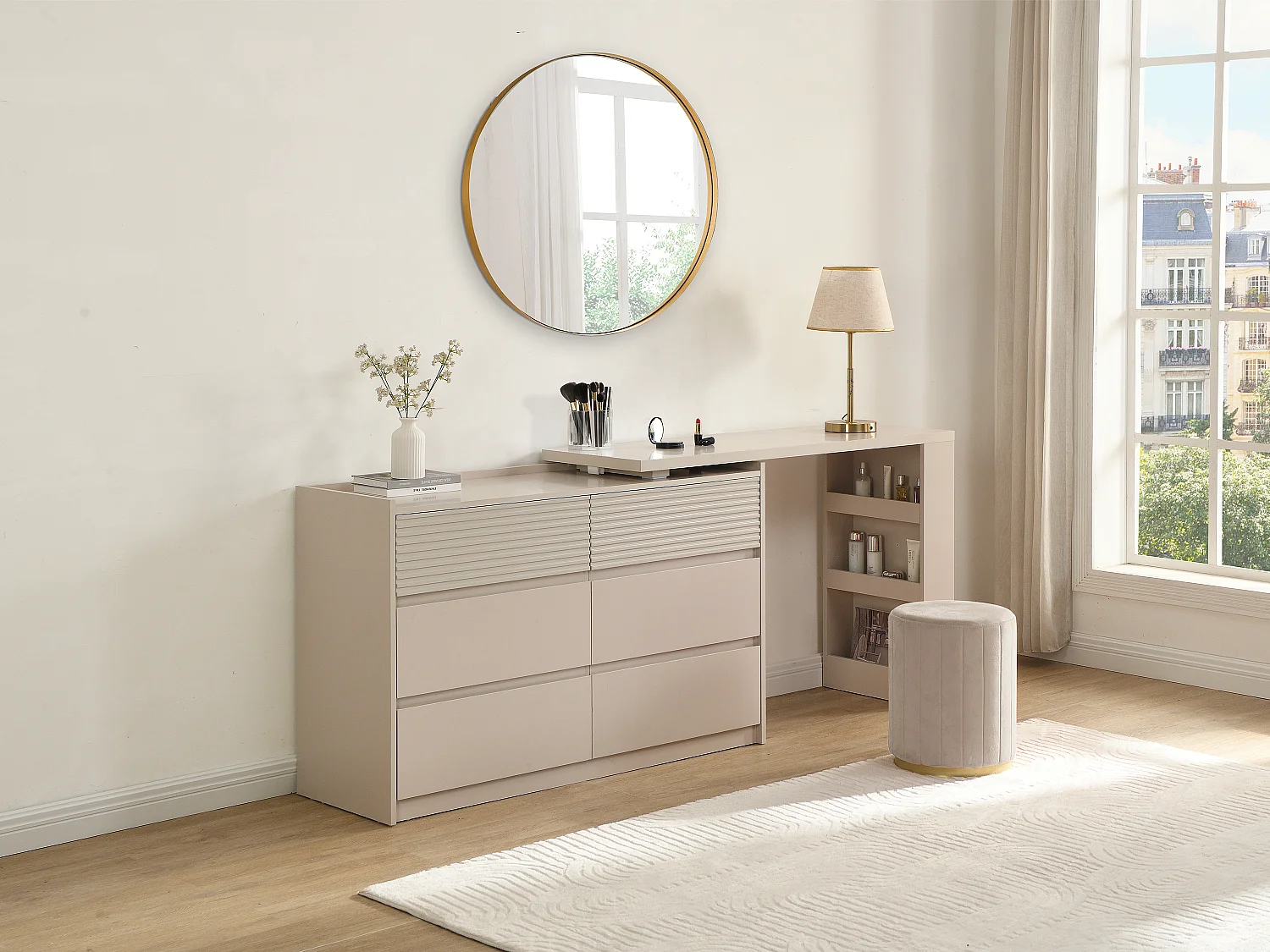 Commode coiffeuse 6 tiroirs et 3 niches – Beige – BOPANIA