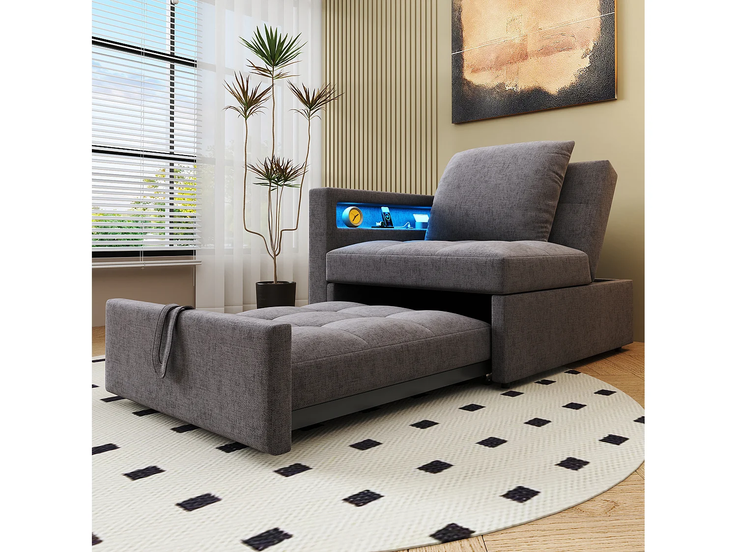 Canapé-lit 3 en 1 en lin, dossier réglable, accoudoirs avec LED et ports USB/Type-C, idéal pour petits espaces