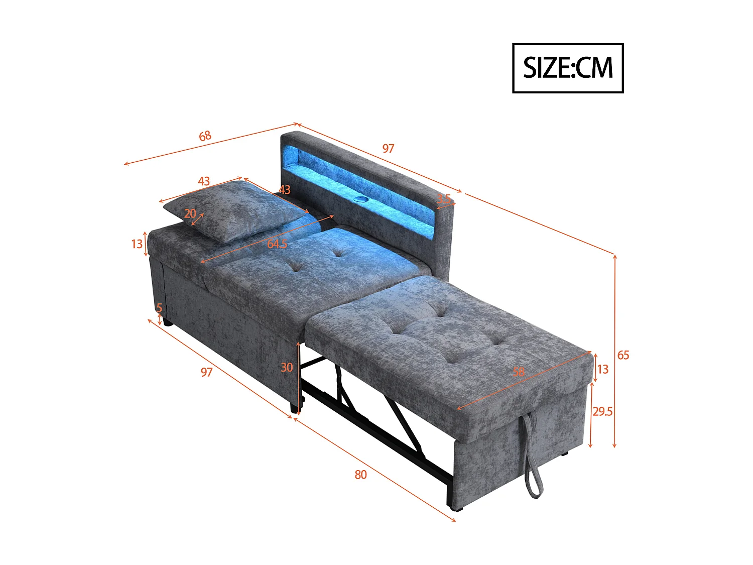 Canapé-lit 3 en 1 en lin, dossier ajustable, accoudoirs lumineux avec ports USB et Type-C, lit pratique et moderne