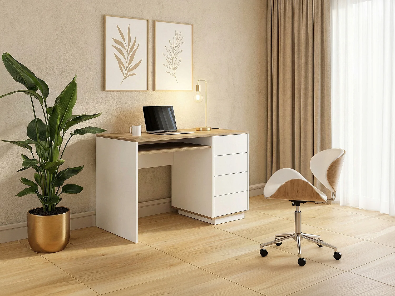 Bureau avec 4 tiroirs et 1 niche – Blanc et naturel – LOTULA
