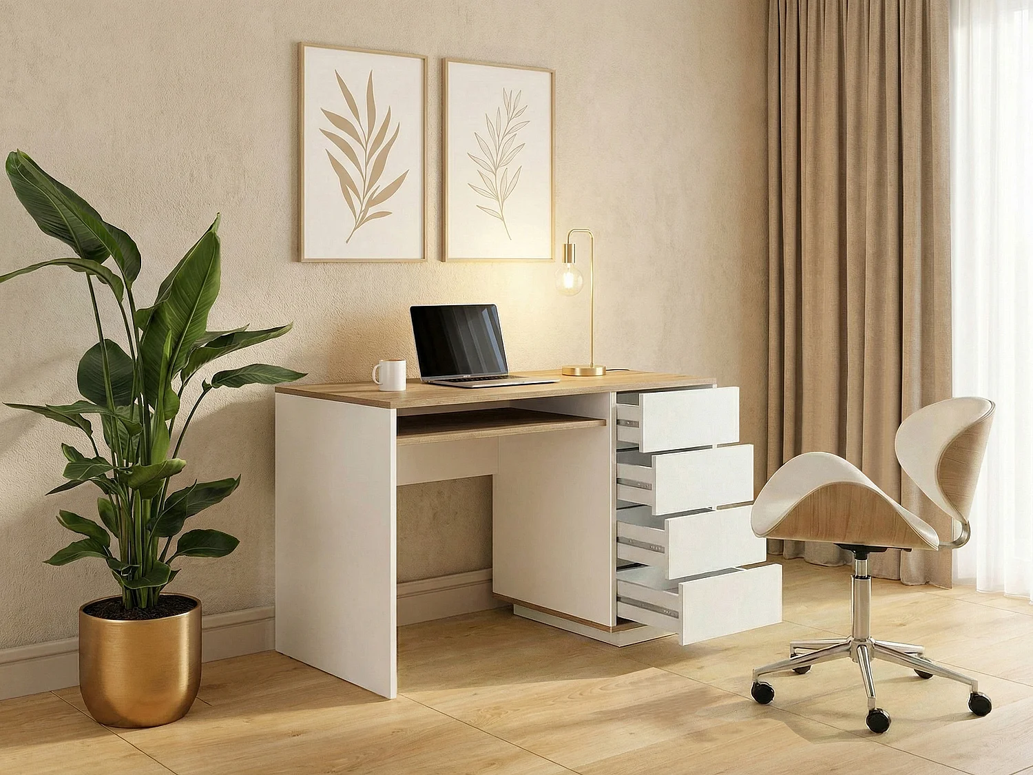 Bureau avec 4 tiroirs et 1 niche – Blanc et naturel – LOTULA