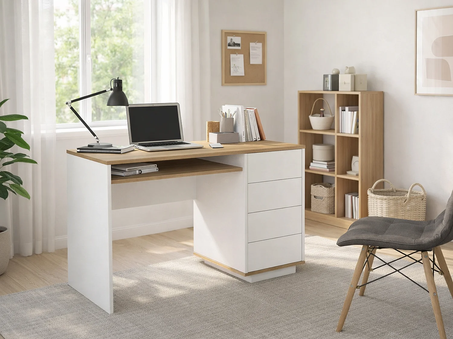 Bureau avec 4 tiroirs et 1 niche – Blanc et naturel – LOTULA