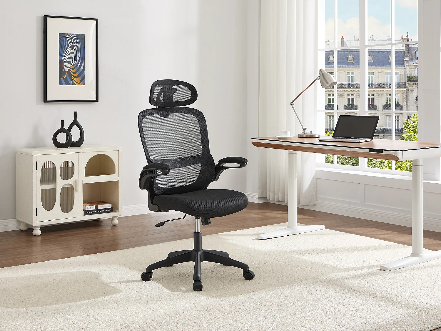 Fauteuil de bureau ergonomique avec têtière - Tissu - Noir - NIRANO