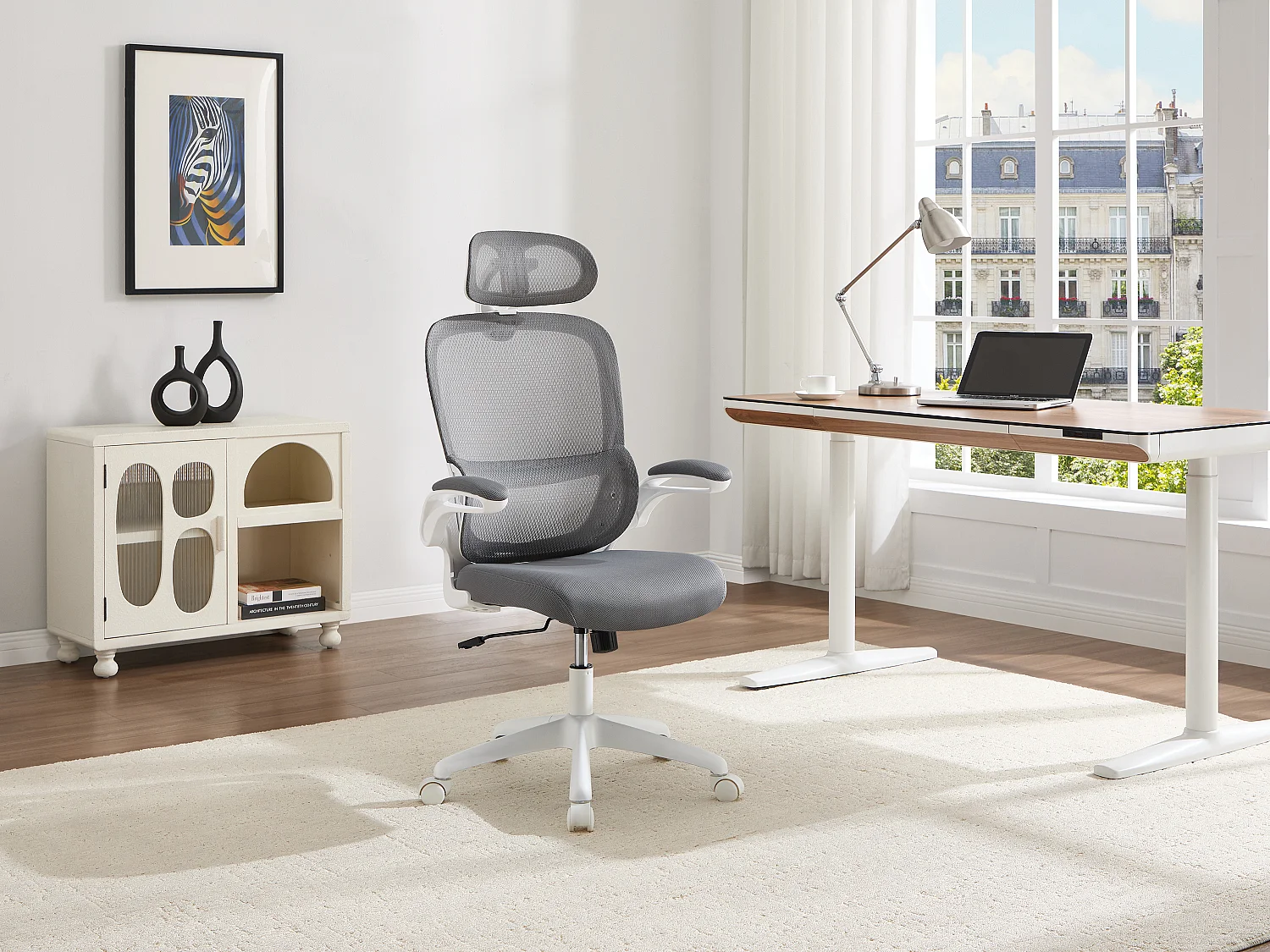 Fauteuil de bureau ergonomique avec têtière - Tissu - Gris et blanc - NIRANO