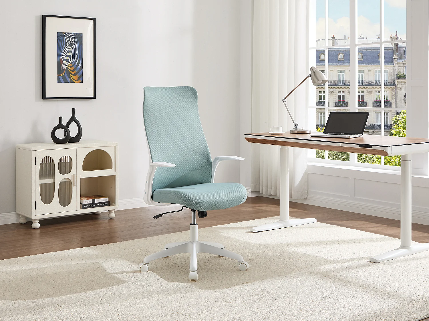 Fauteuil de bureau - Tissu - Bleu et blanc - Hauteur réglable - LATYRA