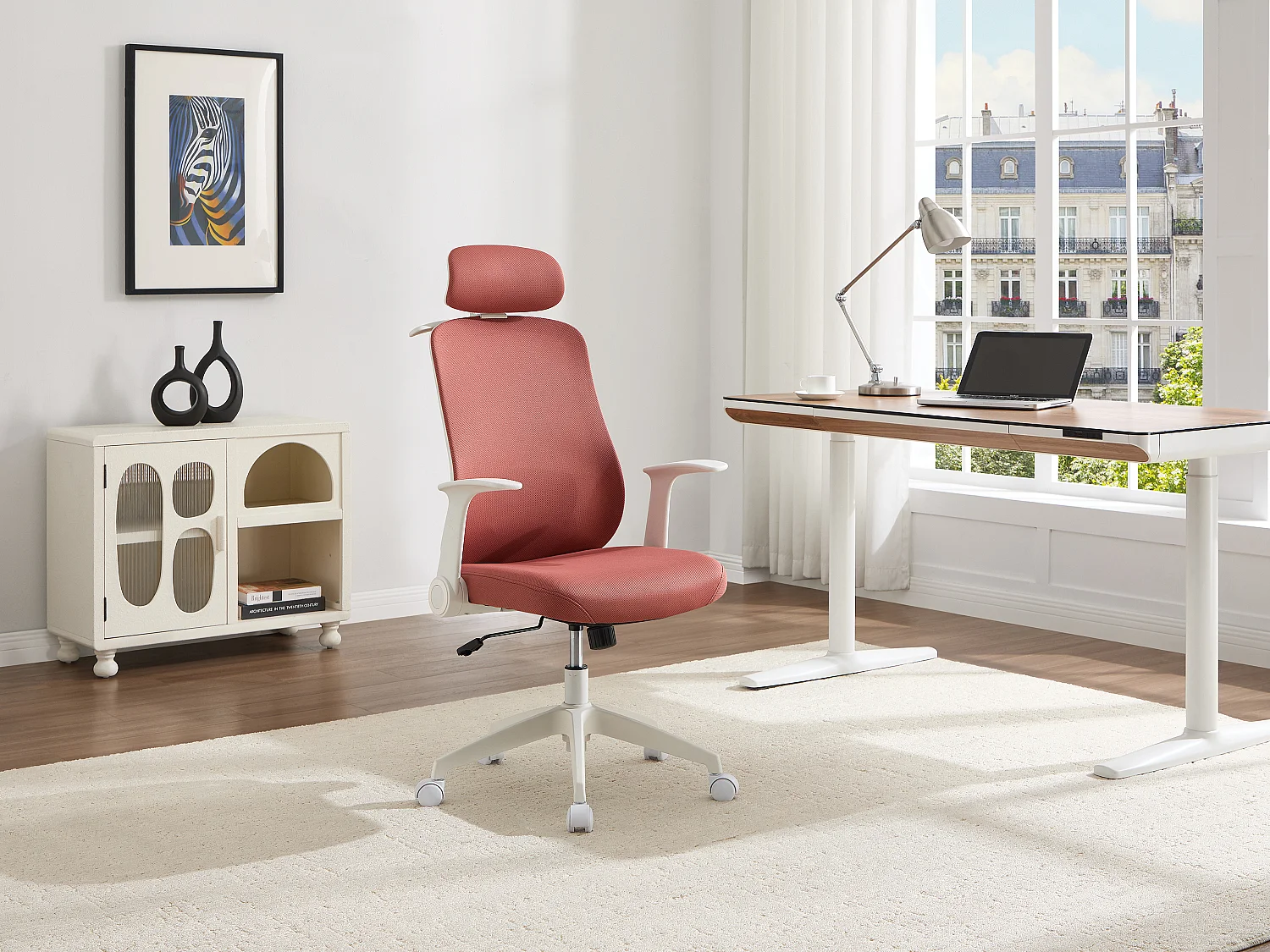 Fauteuil de bureau ergonomique avec têtière - Tissu - Terracotta et blanc - ZYLIRO