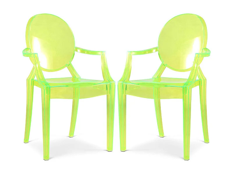 Lot de 2 chaises de salle à manger transparentes - Design avec accoudoirs - Louis XIV Vert transparent