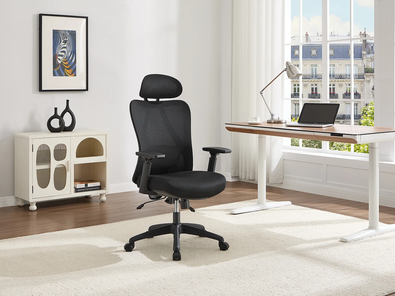 Fauteuil de bureau ergonomique avec têtière - Tissu - Noir - SORLITA