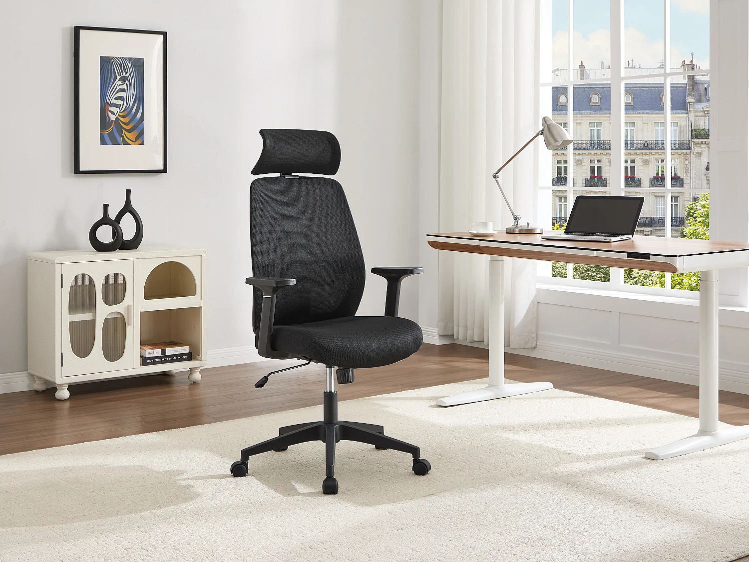 Fauteuil de bureau ergonomique avec têtière - Tissu - Noir - DELRINO