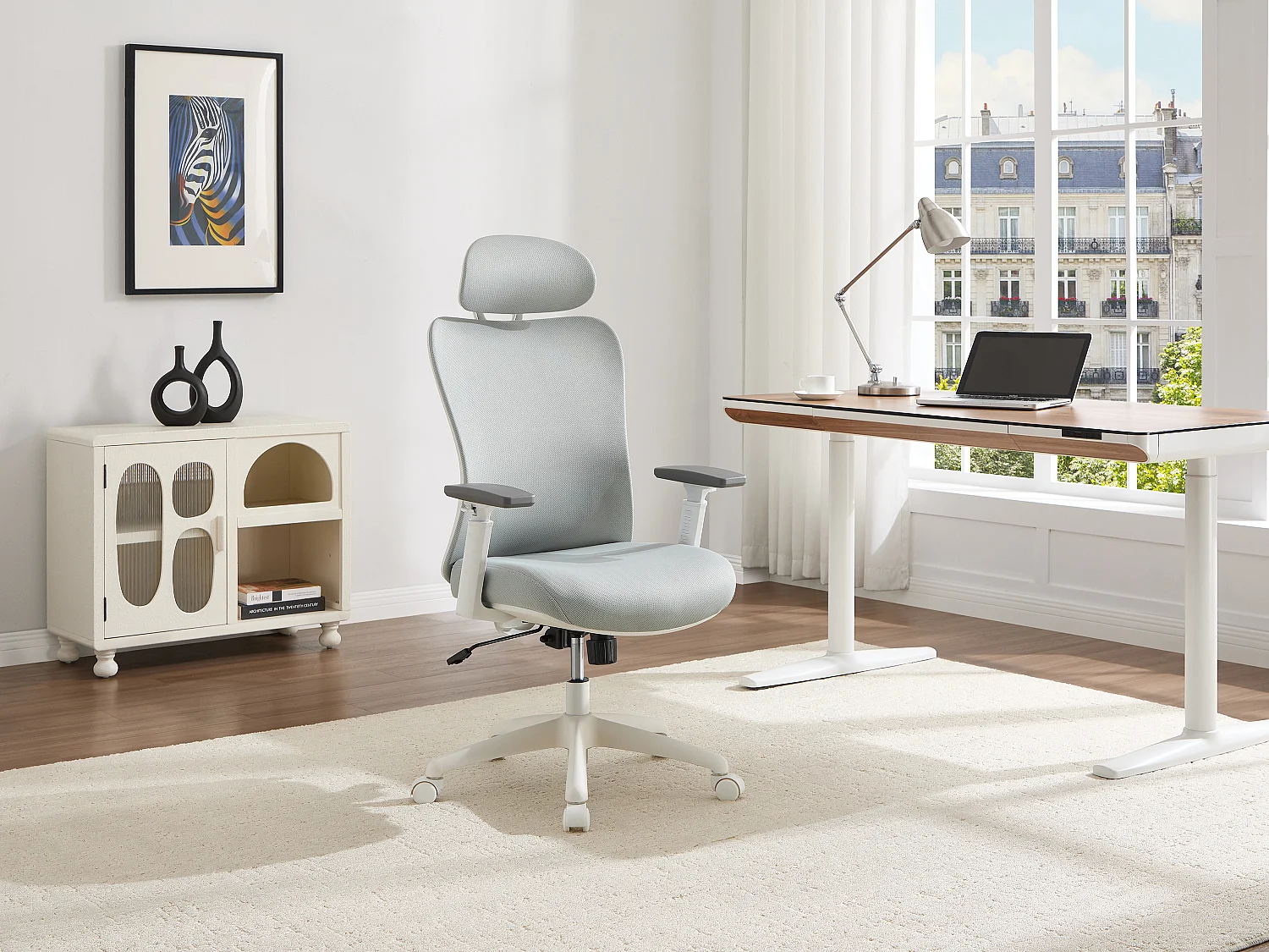Fauteuil de bureau ergonomique avec têtière - Tissu - Gris et blanc - SORLITA